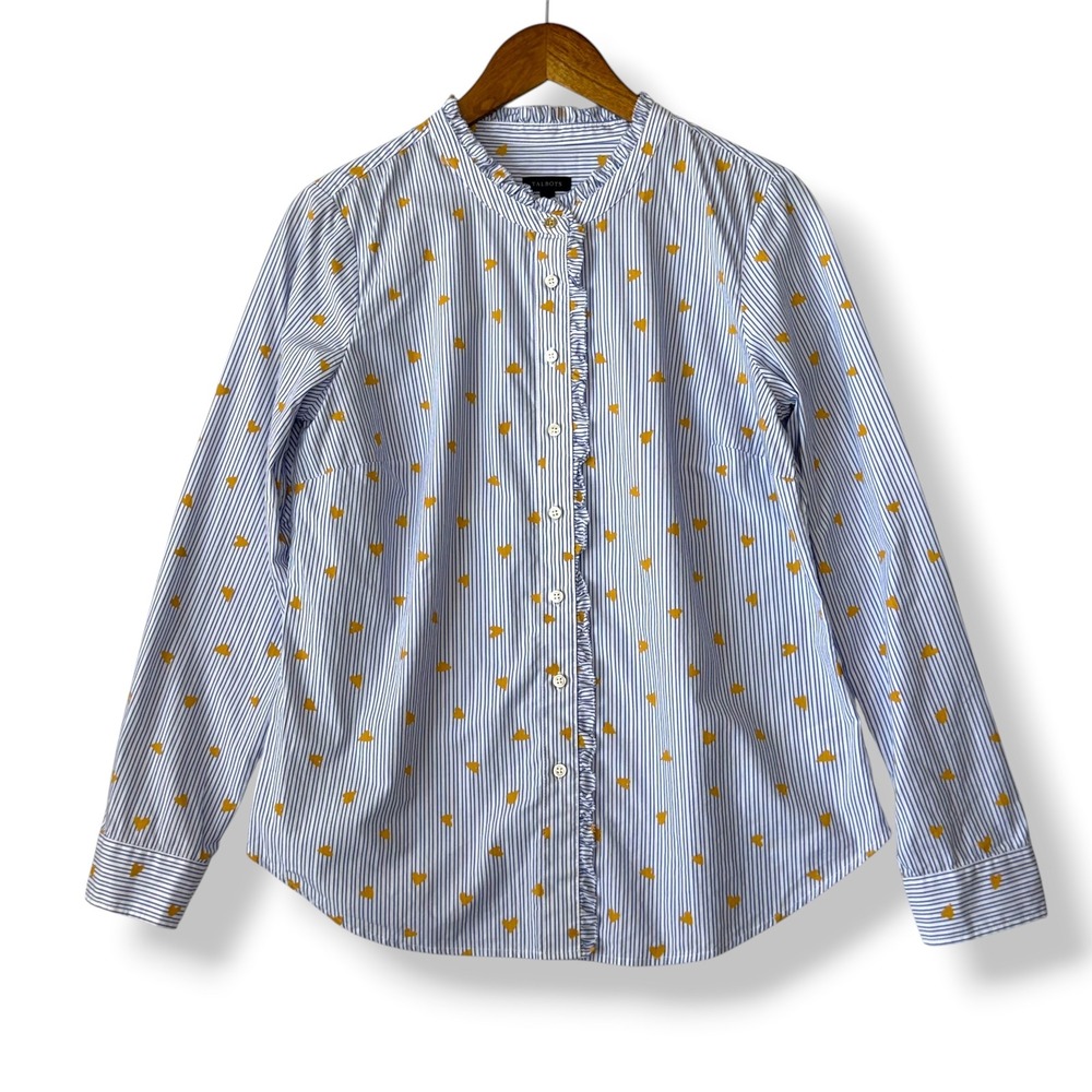 Talbots Button Up Blouse S Blue White Striped Gold Heart 100% Cotton‎ Ruffle